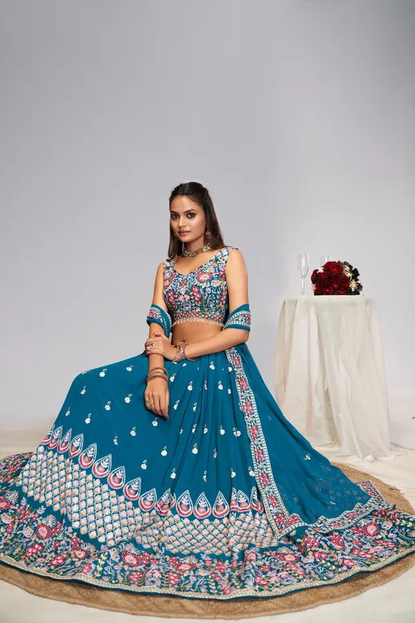 Teal_Georgette_Sleeveless_Embroidered_Lehenga_Choli_Set_For_Women
