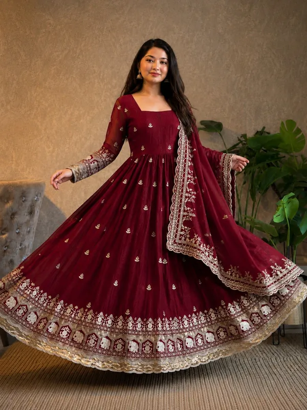 Maroon_Satin_Flared_Embroidered_Anarkali_Dress_Set_For_Women