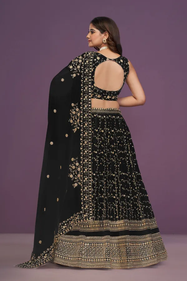 Black_Georgette_Sleeveless_Floral_Embroidered_Lehenga_Choli_Set_For_Women