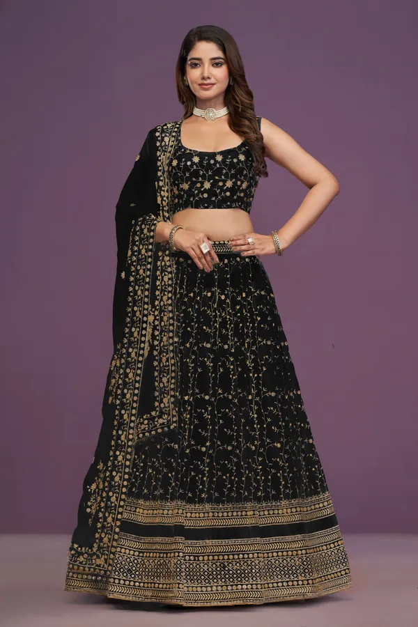 Black_Georgette_Sleeveless_Floral_Embroidered_Lehenga_Choli_Set_For_Women