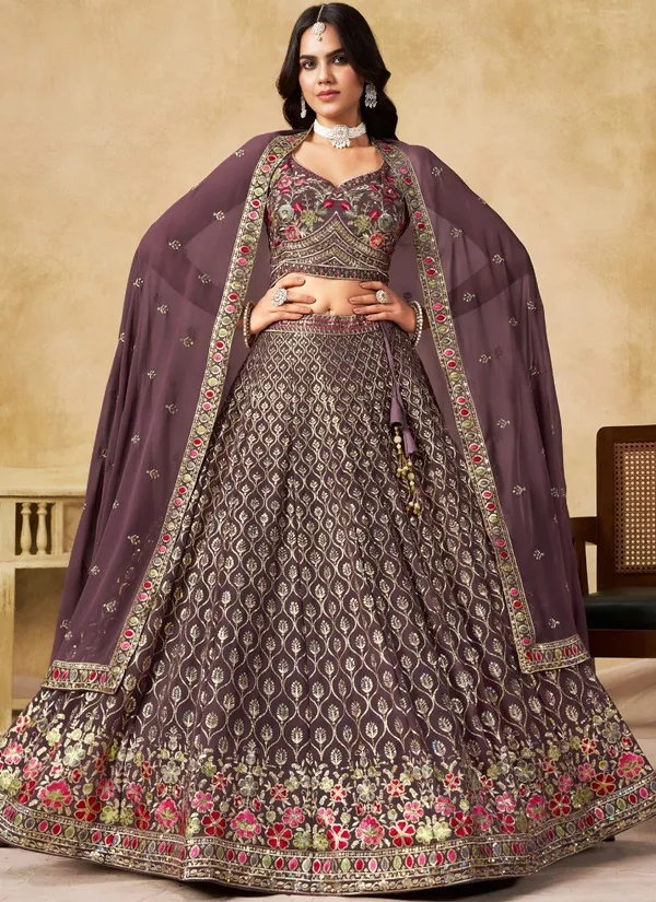 Purple_Georgette_Floral_Embroidered_Flared_Lehenga_Set_For_Women