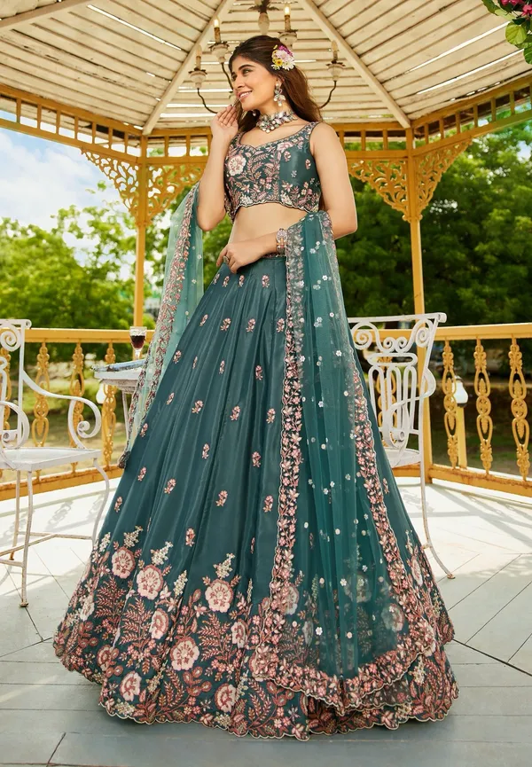 Teal_Crepe_Sleeveless_Floral_Embroidered_Lehenga_Choli_For_Women