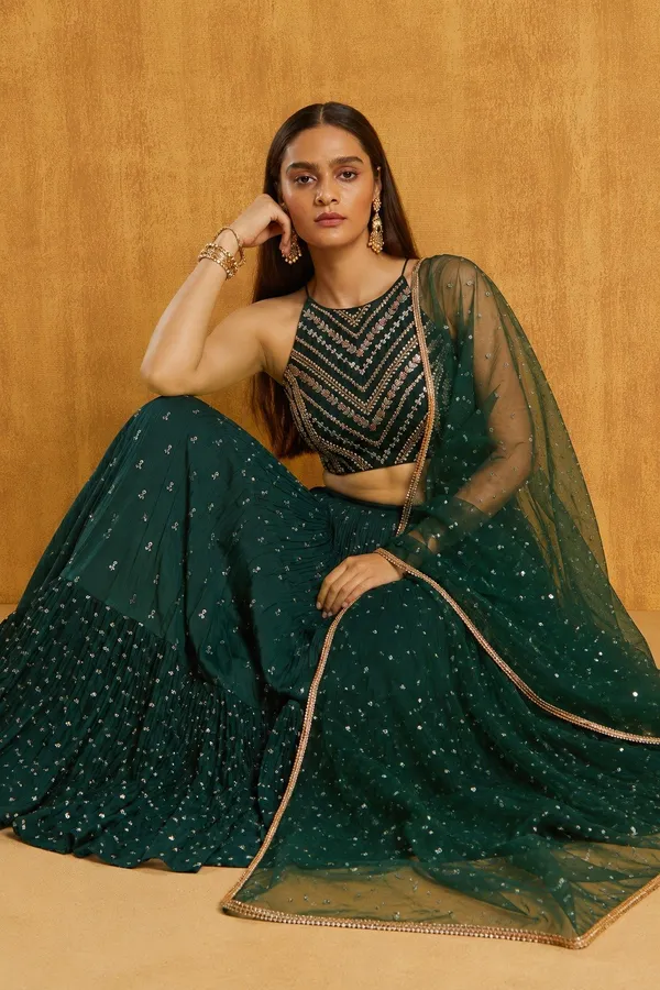 Dark_Green_Georgette_Sleeveless_Embellished_Lehenga_Set_For_Women