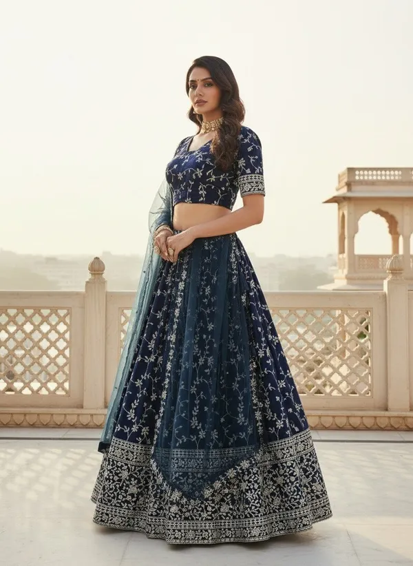 Navy_Georgette_Short_Sleeve_Floral_Print_Lehenga_Choli_For_Women
