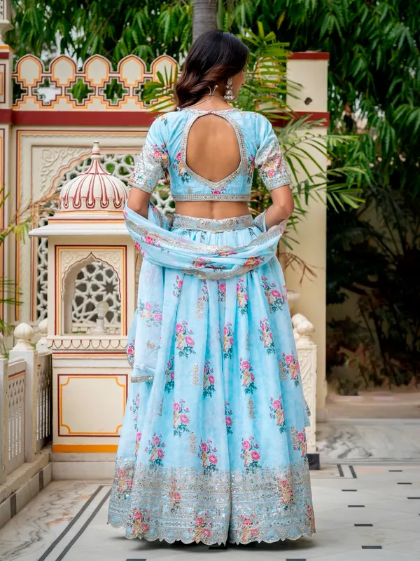 Light_Blue_Georgette_Short_Sleeve_Floral_Print_Lehenga_Choli_For_Women