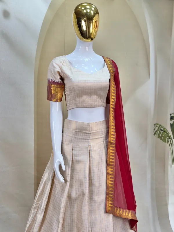 Beige_Cotton_Short_Sleeve_Checked_Lehenga_Choli_For_Women