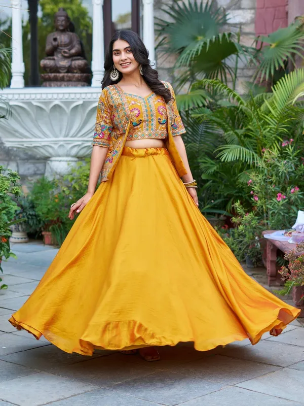 Mustard_Vichitra_Short_Sleeve_Embroidered_Fit_And_Flare_Lehenga_Set_For_Women
