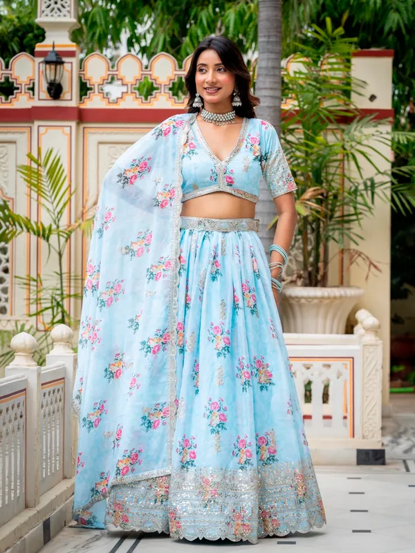 Light_Blue_Georgette_Short_Sleeve_Floral_Print_Lehenga_Choli_For_Women