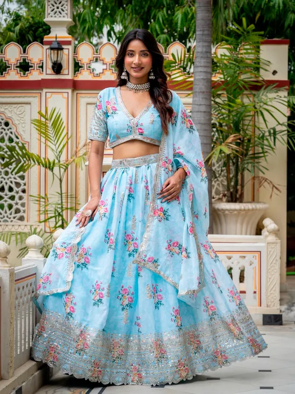 Light_Blue_Georgette_Short_Sleeve_Floral_Print_Lehenga_Choli_For_Women