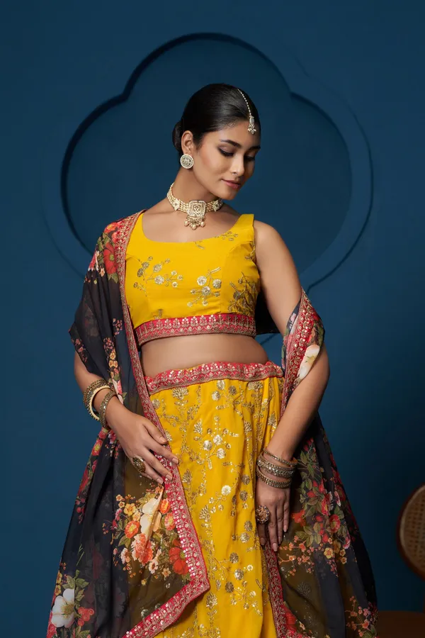 Yellow_Georgette_Sleeveless_Floral_Embroidered_Lehenga_Choli_For_Women