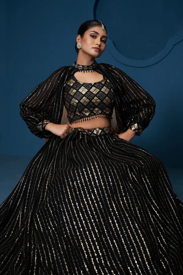 Black_Georgette_Puff_Sleeve_Embellished_Lehenga_Choli_Set_For_Women