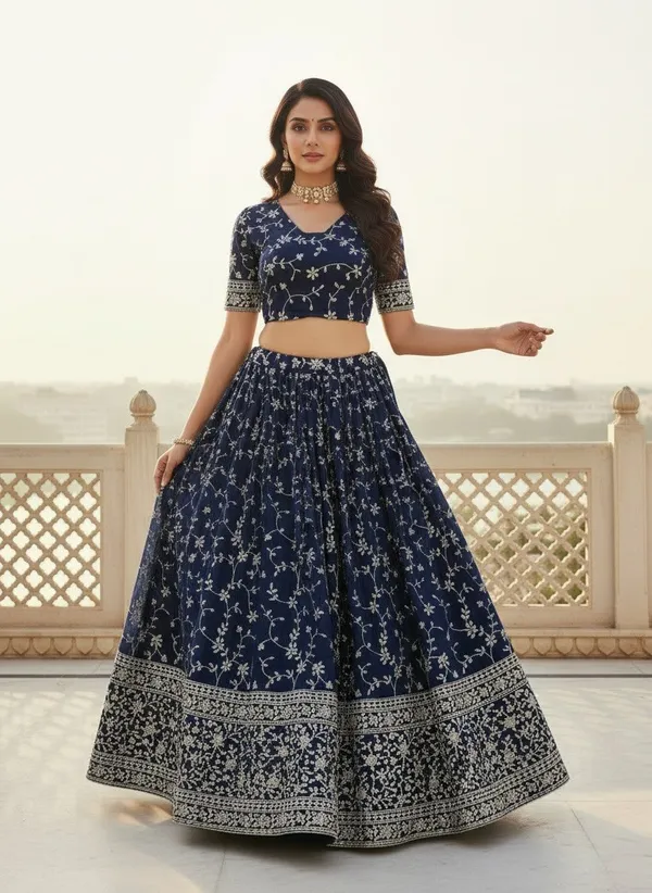 Navy_Georgette_Short_Sleeve_Floral_Print_Lehenga_Choli_For_Women