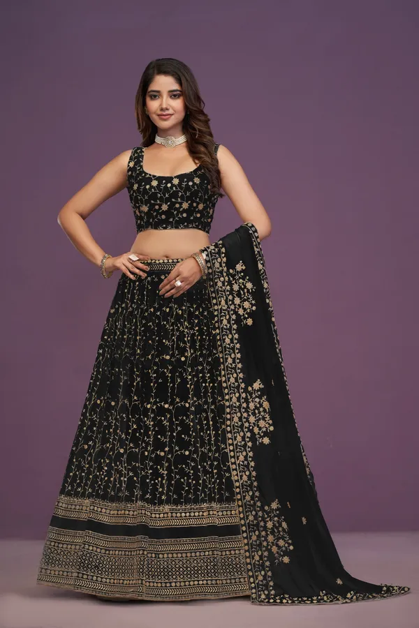 Black_Georgette_Sleeveless_Floral_Embroidered_Lehenga_Choli_Set_For_Women
