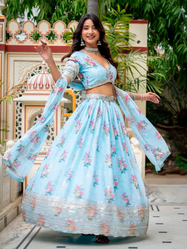 Light_Blue_Georgette_Short_Sleeve_Floral_Print_Lehenga_Choli_For_Women