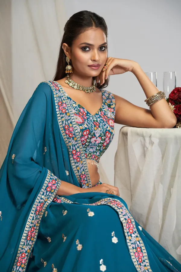 Teal_Georgette_Sleeveless_Embroidered_Lehenga_Choli_Set_For_Women