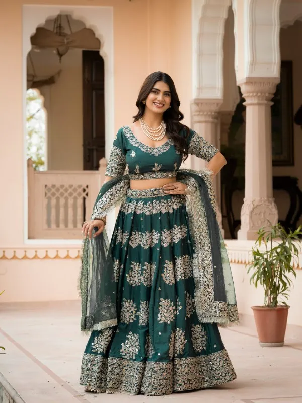 Green_French_Crepe_Short_Sleeve_Embroidered_Lehenga_Choli_For_Women