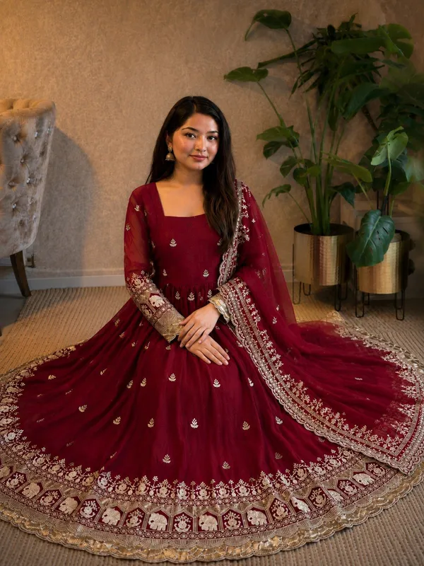 Maroon_Satin_Flared_Embroidered_Anarkali_Dress_Set_For_Women