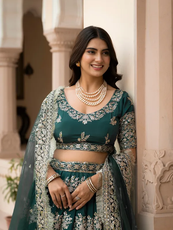 Green_French_Crepe_Short_Sleeve_Embroidered_Lehenga_Choli_For_Women