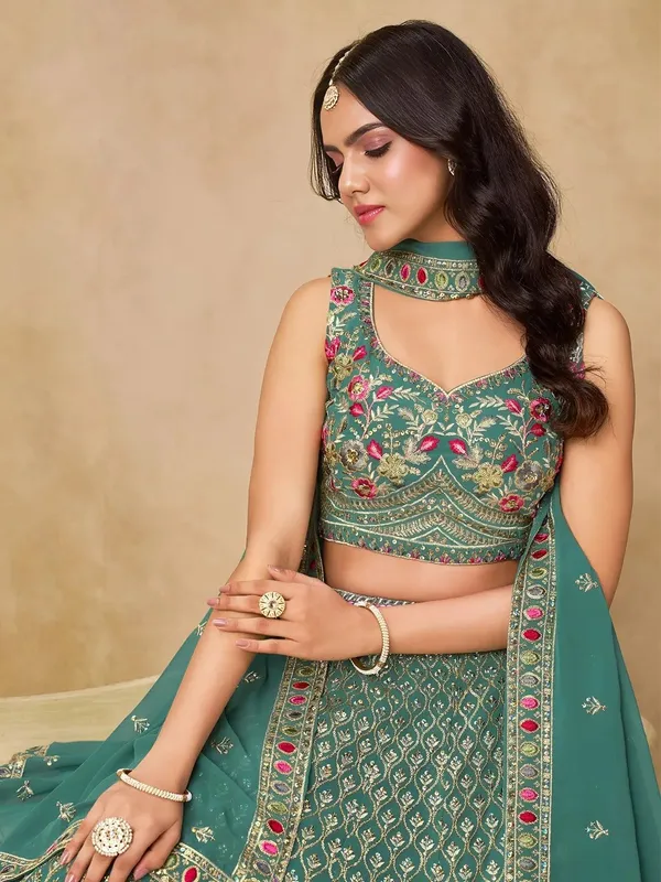 Green_Georgette_Sleeveless_Embroidered_Lehenga_Choli_For_Women