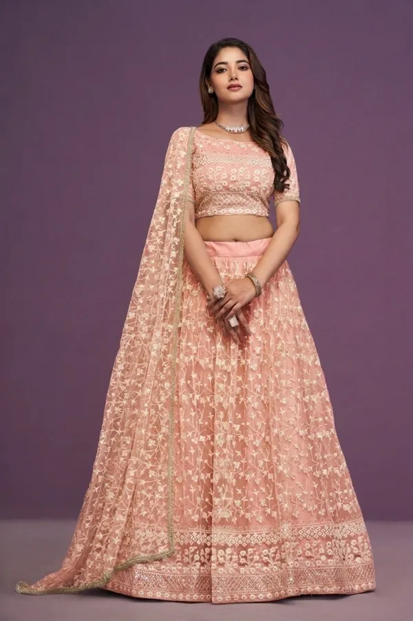 Peach_Net_Short_Sleeve_Floral_Embroidered_Lehenga_Choli_Set_For_Women