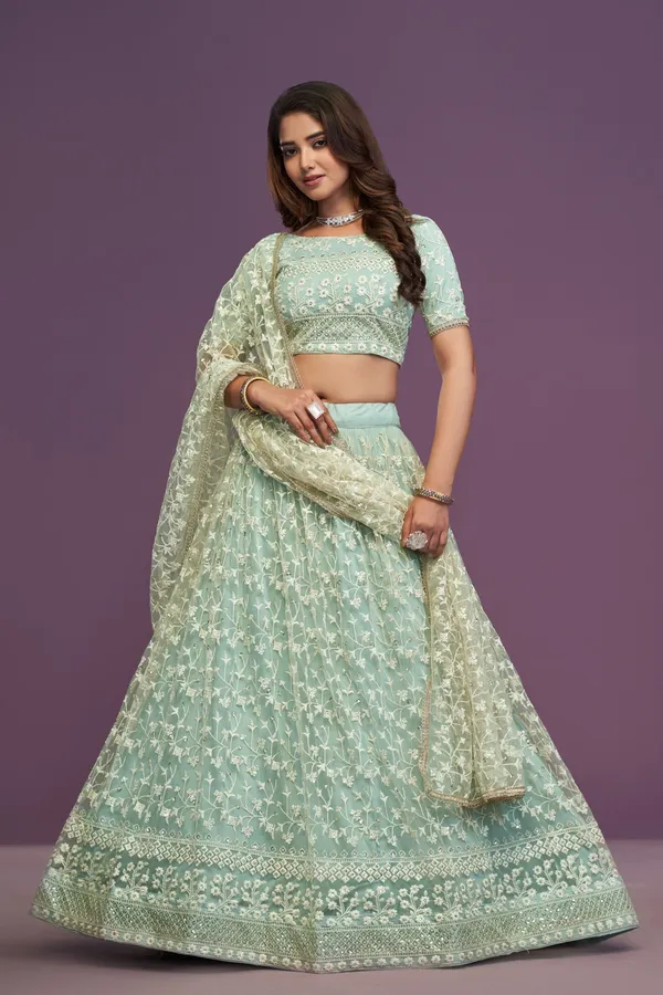 Mint_Green_Net_Short_Sleeve_Embroidered_Lehenga_Choli_For_Women