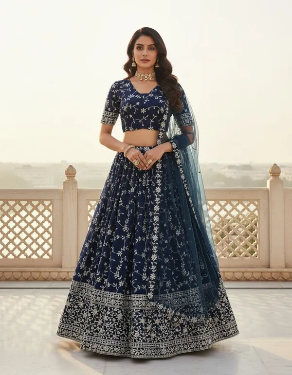 Navy_Georgette_Short_Sleeve_Floral_Print_Lehenga_Choli_For_Women