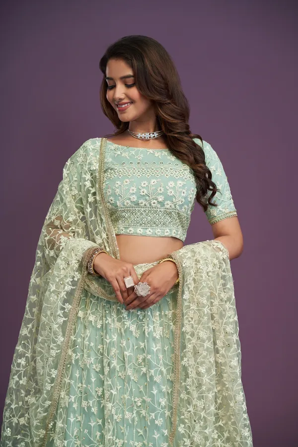 Mint_Green_Net_Short_Sleeve_Embroidered_Lehenga_Choli_For_Women