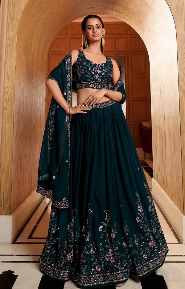 Teal_Georgette_Sleeveless_Floral_Embroidered_Lehenga_Choli_For_Women