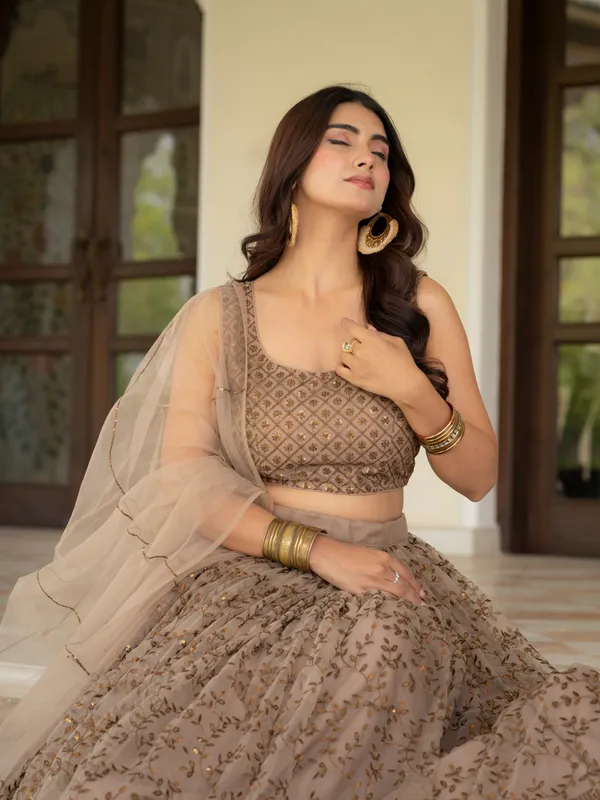 Taupe_Net_Sleeveless_Embroidered_Lehenga_Choli_For_Women