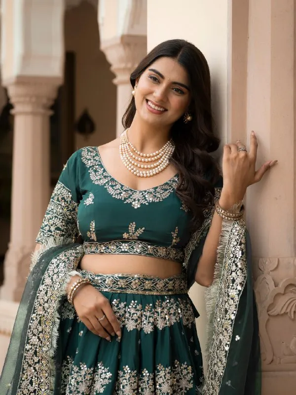 Green_French_Crepe_Short_Sleeve_Embroidered_Lehenga_Choli_For_Women