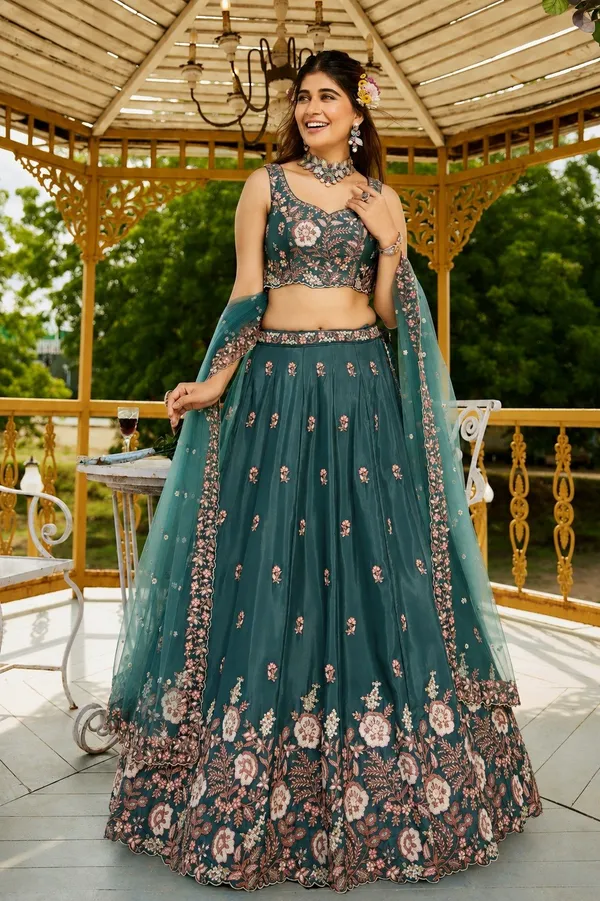 Teal_Crepe_Sleeveless_Floral_Embroidered_Lehenga_Choli_For_Women