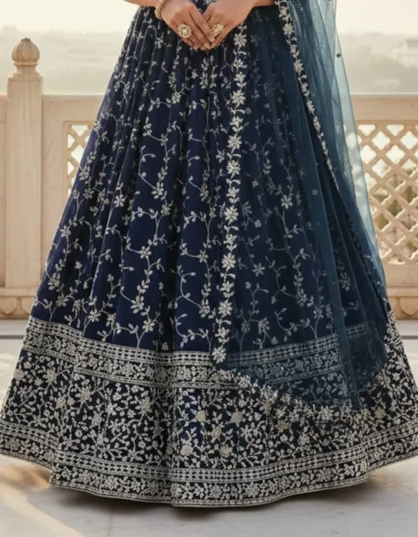 Navy_Georgette_Short_Sleeve_Floral_Print_Lehenga_Choli_For_Women