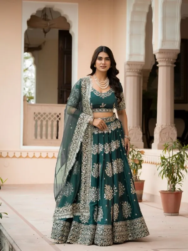 Green_French_Crepe_Short_Sleeve_Embroidered_Lehenga_Choli_For_Women