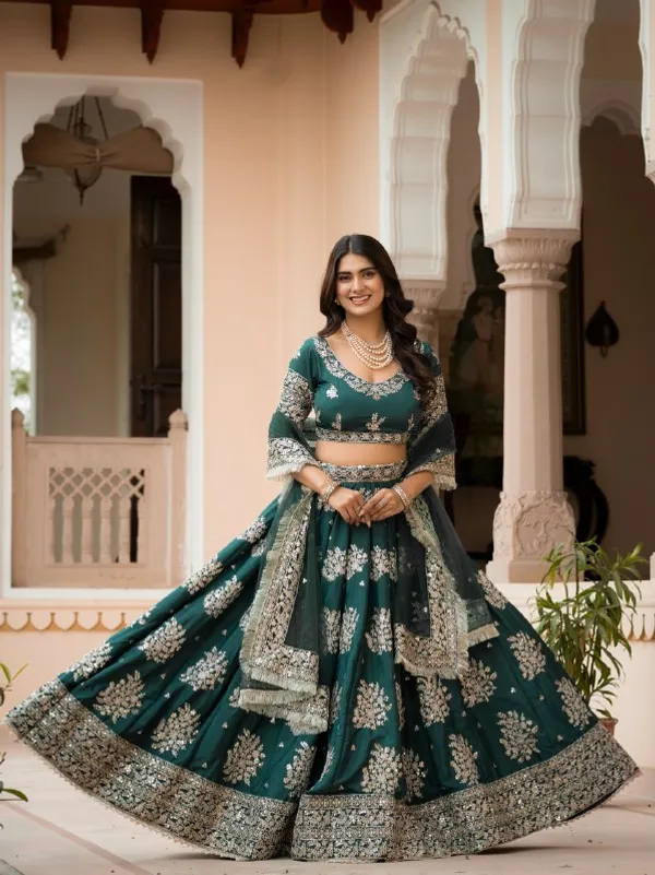 Green_French_Crepe_Short_Sleeve_Embroidered_Lehenga_Choli_For_Women