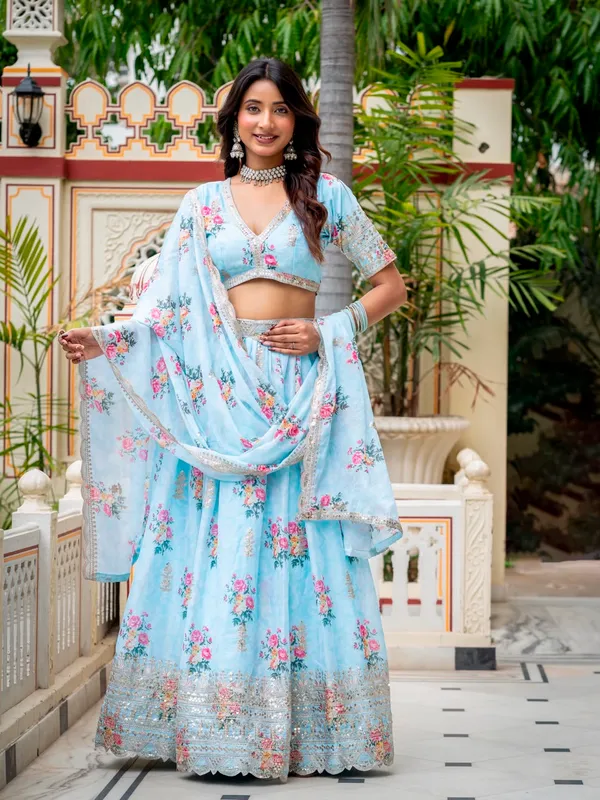 Light_Blue_Georgette_Short_Sleeve_Floral_Print_Lehenga_Choli_For_Women