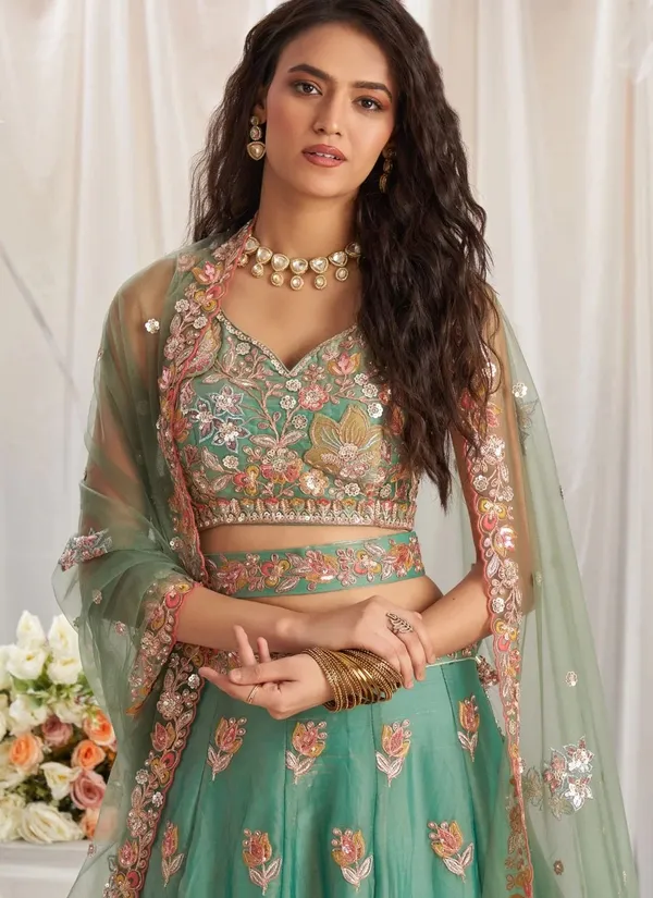 Green_Fandy_Sleeveless_Floral_Embroidered_Lehenga_Choli_For_Women