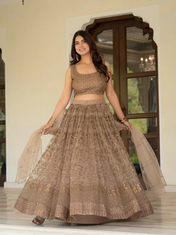 Taupe_Net_Sleeveless_Embroidered_Lehenga_Choli_For_Women