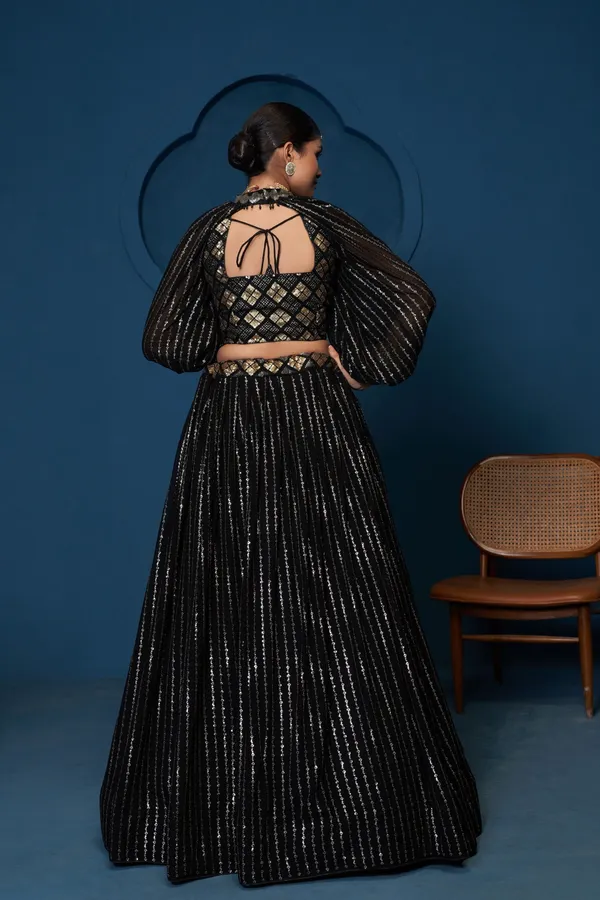 Black_Georgette_Puff_Sleeve_Embellished_Lehenga_Choli_Set_For_Women