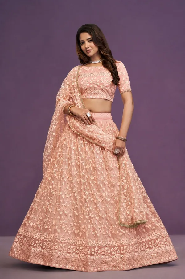 Peach_Net_Short_Sleeve_Floral_Embroidered_Lehenga_Choli_Set_For_Women