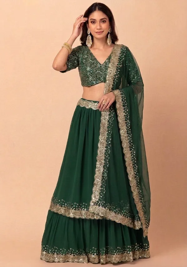 Green_Georgette_Short_Sleeve_Embroidered_Lehenga_Choli_For_Women