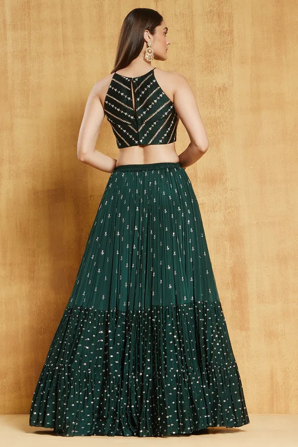 Dark_Green_Georgette_Sleeveless_Embellished_Lehenga_Set_For_Women