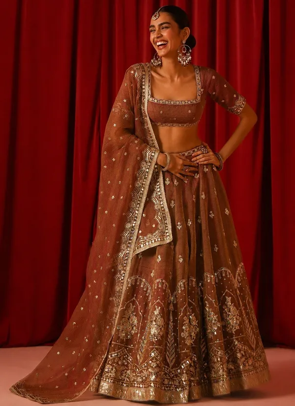 Brown_Fandy_Silk_Short_Sleeve_Embroidered_Lehenga_Choli_For_Women