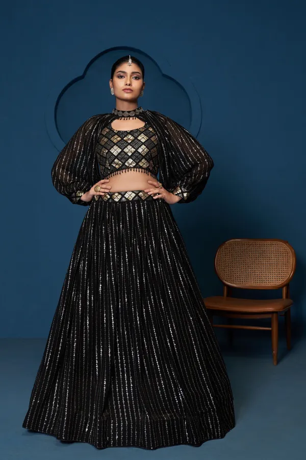 Black_Georgette_Puff_Sleeve_Embellished_Lehenga_Choli_Set_For_Women