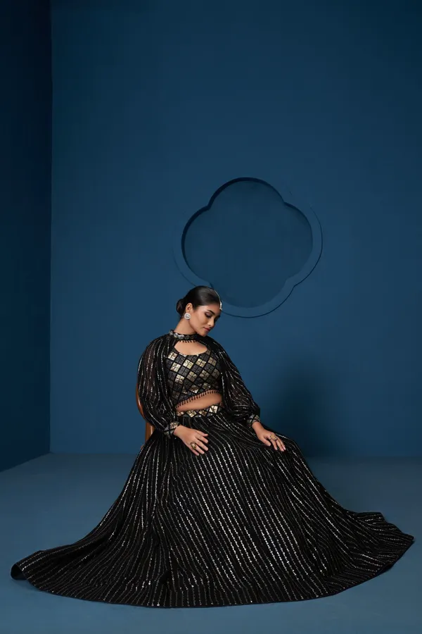 Black_Georgette_Puff_Sleeve_Embellished_Lehenga_Choli_Set_For_Women