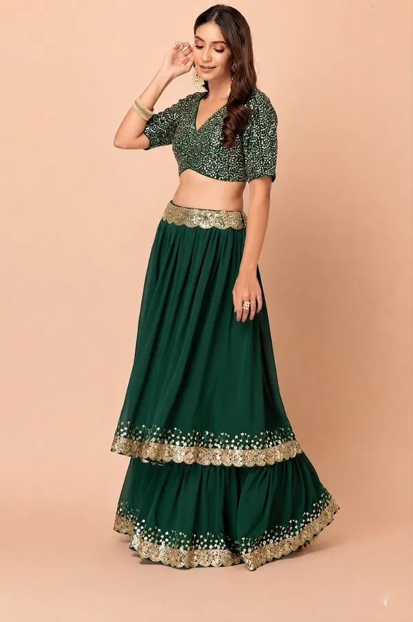 Green_Georgette_Short_Sleeve_Embroidered_Lehenga_Choli_For_Women