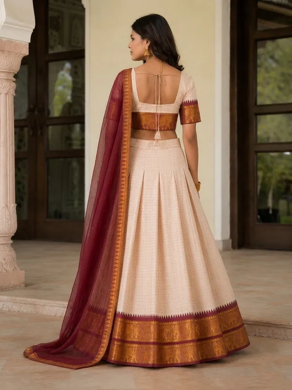 Beige_Cotton_Short_Sleeve_Checked_Lehenga_Choli_For_Women