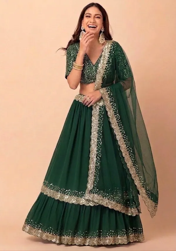 Green_Georgette_Short_Sleeve_Embroidered_Lehenga_Choli_For_Women
