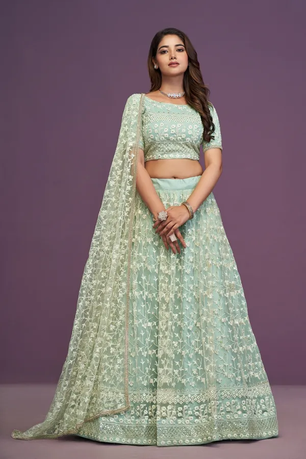 Mint_Green_Net_Short_Sleeve_Embroidered_Lehenga_Choli_For_Women