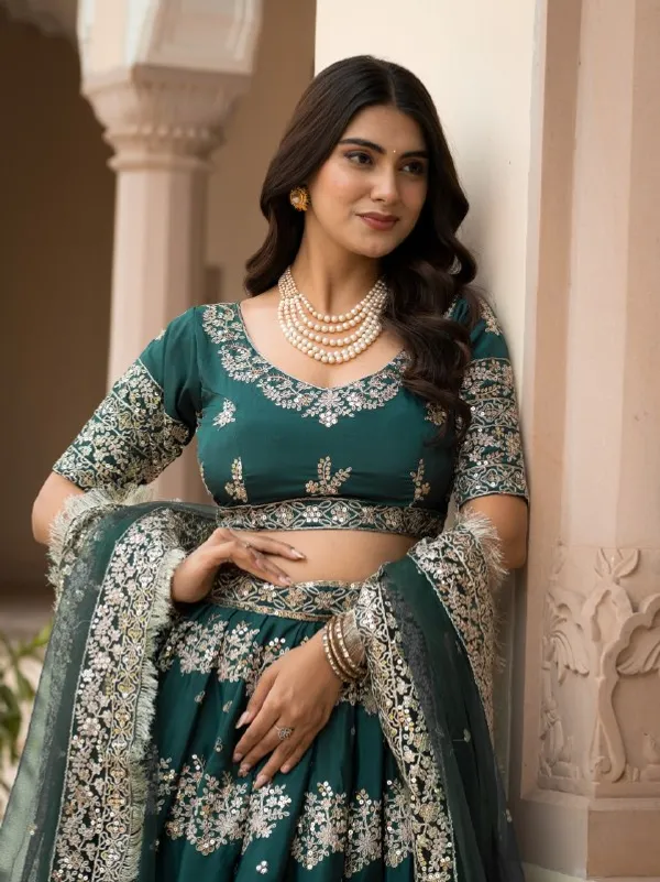 Green_French_Crepe_Short_Sleeve_Embroidered_Lehenga_Choli_For_Women