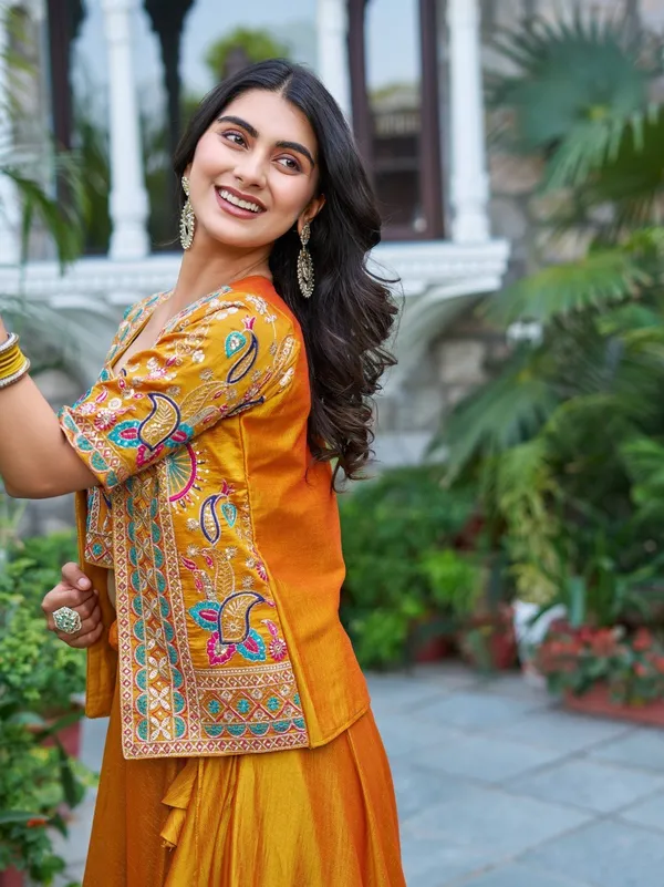 Mustard_Vichitra_Short_Sleeve_Embroidered_Fit_And_Flare_Lehenga_Set_For_Women